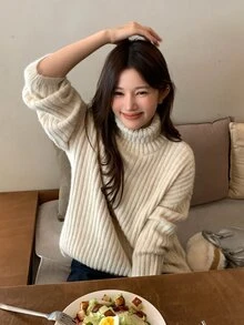 DAZY Women's High Neck Solid Color Korean Style Autumn/Winter Long Sleeve Sweater - White - View 7