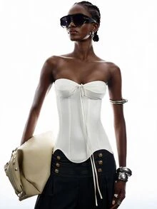 LYSMO Women's Casual White Bandeau Top With Front Tie - White - View 3