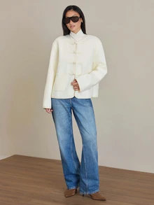 COSMINA Women's Casual New Chinese Style Oriental Long Sleeve Frog Button Tweed Jacket, Suitable For Daily Wear, Dating And Gathering - White - View 4