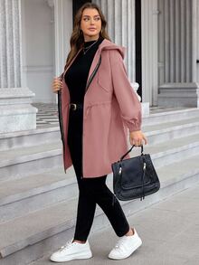 SHEIN LUNE Áo khoác casual tay dài có mũ, khóa kéo trước, màu trơn, size lớn, quần áo mùa thu - Bụi hồng - Xem 4