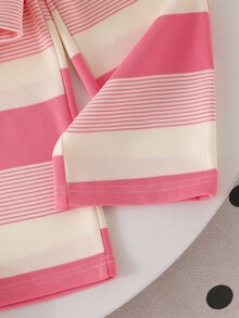 SHEIN 女童學院風 Polo 領兩件套，海軍藍對比色翻領長袖上衣 + 高腰寬腿褲，經典馬術刺繡休閒套裝，春夏秋冬百搭運動風，適合校園與日常穿著 - 粉色 - 查看 4