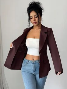 SHEIN Women's Dark Brown Notch Lapel Blazer, Single Gold Button, Ruched Waist, Slim Fit, Long Sleeve, Elegant Office Suit Jacket - Brown - View 7