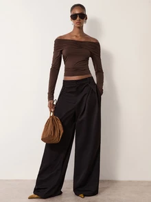 MERLEAU Women's Dark Brown Slim-Fit Solid Ruched Shoulder Long Sleeve Top, Autumn Modern Sexy Style For Night Out, Going Out And Date Nights,Tops - Brown - View 6