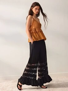 Willow Rêve Celana Panjang Wanita Hitam Longgar dengan Kaki Lebar, Desain Warna Polos dengan Hiasan Renda, Tali Serut, dan Hem Bergelombang, Gaya Bohemian Romantis dan Pastoral; Cocok untuk Festival Musik Musim Panas dan Pakaian Liburan - Hitam - View 6