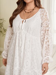 EMERY ROSE Plus Size Solid White Lace Patchwork V-Neck Long Sleeve Bow Front Ruffle Party Dress Fall Winter 2026 - White - View 6