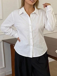 Dazy Plus Solid Color Fitted Waist Long Sleeve Collared Elegant Formal Spring Summer Autumn Blouse White Shirt - White - View 4