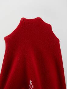 SHEIN Christmas Snowflake Pattern Knit Mini Dress Crew Neck Long Sleeve Bodycon Sweater Dress - Red and White - View 3
