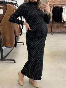 Dazy Maternity Polka Dot Loose Long Sleeve Maxi Casual Vacation Daily Spring Autumn Maternity Dress - Black - View 1