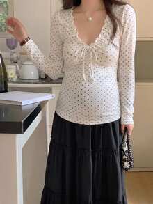 Dazy Maternity Contrast Color Polka Dot Slim Fit Elastic Ruched Tie Long Sleeve Casual Vacation Korean Style Versatile Daily Spring Autumn Maternity T-Shirt - White - View 5