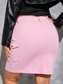 SHEIN ICON Plus Size Women's Cargo Pocket Bodycon Casual Denim Mini Skirt - Pink - View 2