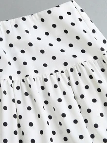 SHEIN EZwear Fashionable Asymmetrical Shoulder Lace Patchwork Top With Polka Dot Skirt Elegant Commute Two Pieces Set - Black and White - View 4