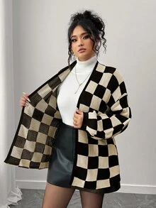 Elenzga 秋冬時尚休閒配色拼接棋盤格女款長袖寬鬆顯瘦大尺碼開襟衫，外套，度假，派對 - 杏色 - 查看 6