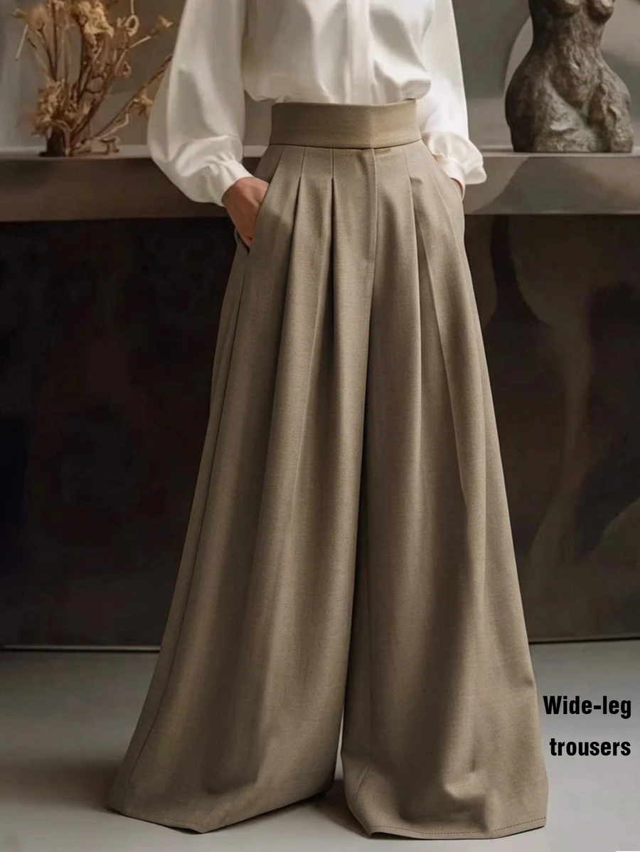 Trelyra Women's Casual Daily Commute Solid Color Loose Wide Leg Pants, All-Season Versatile Minimalist Style Low-Key Luxury With Belt Sweatpants, Autumn/Winter - Mocha Brown - View 1
