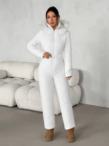 SHEIN PETITE Women's Winter Hooded Warm Jumpsuit - White - View 4