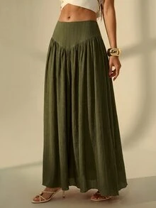 SHEIN Tall 女款休閒純色長裙，適合度假穿著 - 軍綠色 - 查看 5