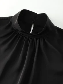SHEIN Ladies' Luxurious Black Satin V-Neck Semi-Transparent Long-Sleeved Top With Mid-Rise Pants Set, Elegant Ladies' Two Pieces Set - Black - View 8