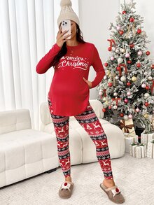 SHEIN طقم من قطعتين للحوامل: تي شيرت بأكمام طويلة مطبوع عليه شعار عيد الميلاد وسروال ضيق بخصر قابل للتعديل - الأحمر - مشاهدة 4