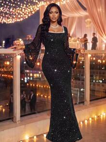Fleurora Plus Size Exquisite Sequin & Faux Pearl Decorated Dress - Black - View 8