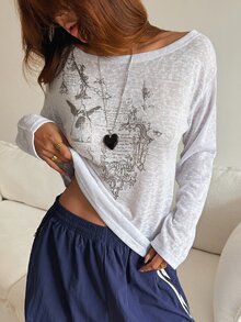 DAZY White Cold Shoulder Printed Pattern Loose Thin Long Sleeve Casual Y2k Daily Wear Contrast Color T-Shirt Top Fall Graphic Tees Everyday Going Out - White - View 3