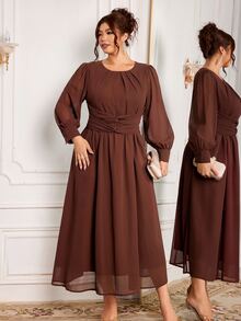 Modelyn Women's Elegant Gentle Style Round Neck High Waist Cross Knot Cinched Waist Draped Flowy Soft Plus Size Dress - Coffee Brown - View 1
