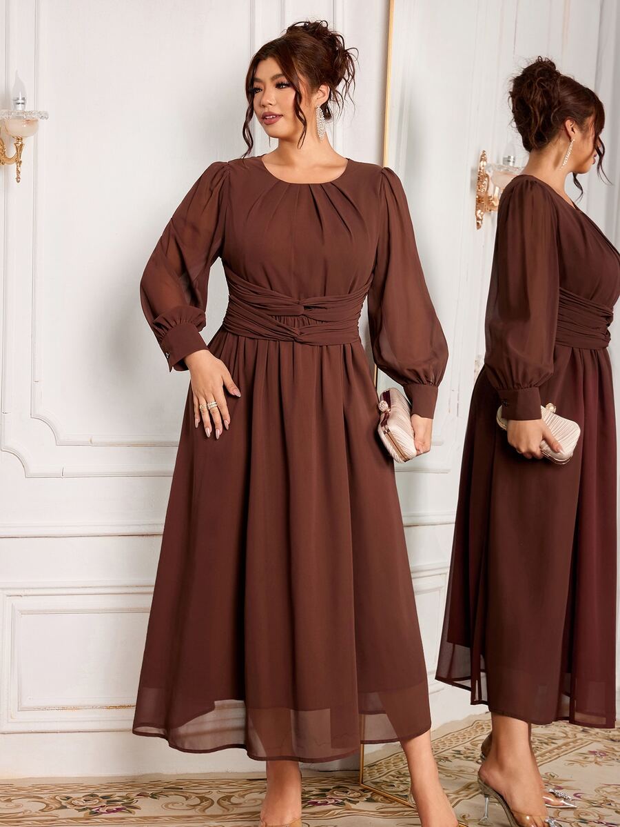Modelyn Women's Elegant Gentle Style Round Neck High Waist Cross Knot Cinched Waist Draped Flowy Soft Plus Size Dress - Coffee Brown - View 1