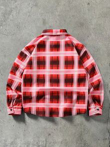ROMWE MEN American Street Style Printed Striped Plaid Long Sleeve Shirt Unisex Retro High Street Rhinestone Letter Pocket Loose Lapel Casual Shirt - Multicolor - View 3