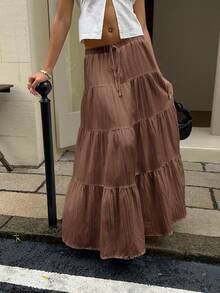 SHEIN EZwear 女款素色百褶休閒百搭日常穿著裙，適合夏季 - 棕色 - 查看 1