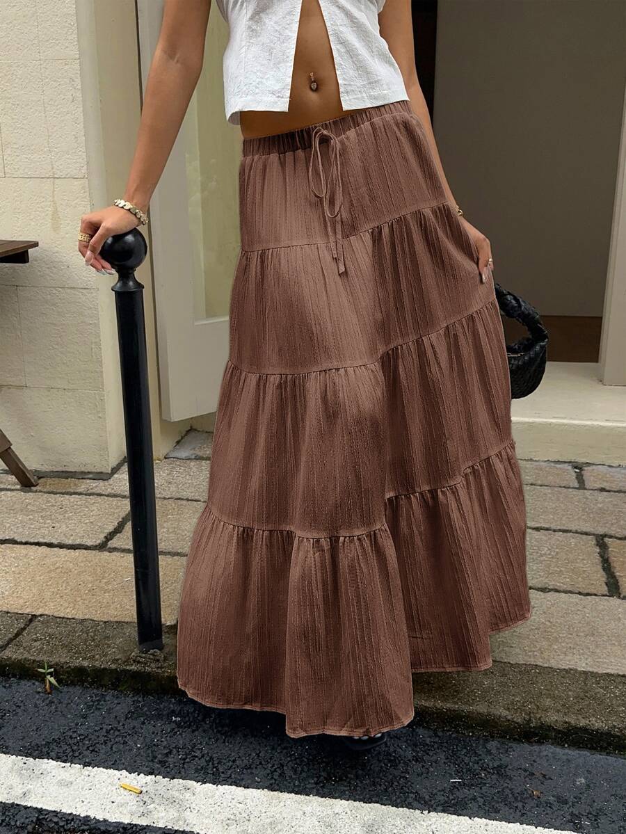 SHEIN EZwear 女款素色百褶休閒百搭日常穿著裙,適合夏季 - 棕色 - 查看 1