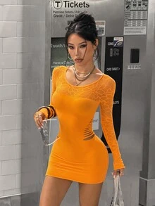 StreetHx Sexy Street Style Bright Color Women's Long Sleeve Lace Jacquard Short Dress - Orange - View 6