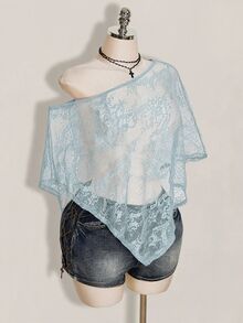 SHEIN ICON 女款大尺碼蕾絲單肩性感透視上衣 - 薄荷綠 - 查看 4