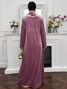 Yasmyna فستان عربي نسائي كاجوال للحفلات مزين بنقشة أوراق مطرزة بالترتر - وردي - مشاهدة 2