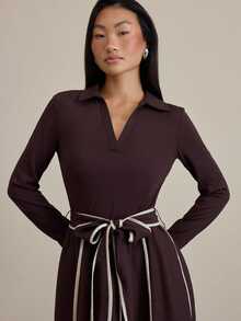 COSMINA Women's Casual Elegant Colorblock Striped Long Sleeve Brown Dress - Dark Brown - View 3