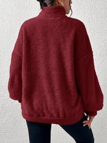 SHEIN EZwear 女款素色立領休閒百搭長袖運動衫 - 酒紅色 - 查看 2