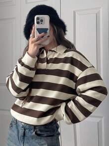 FRIFUL Women's Striped Polo Collar Casual Drop Shoulder Long Sleeve Loose Fit T-Shirt Fall - Brown - View 6
