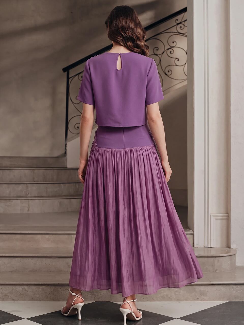 Women's Fall/Winter Elegant Casual Round Neck Applique Short Sleeve Top And Skirt Set For Wedding Guest Party Ceremony Going Out Birthday Beach