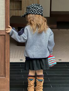 DAZY Infant/Toddler (Girl) Contrast Color Patchwork Casual Autumn/Winter Korean Style Long Sleeve Sweatshirt - Grey - View 2