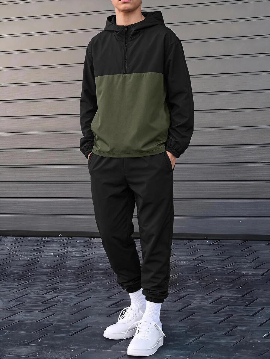 Teen Boy Half-Zip Hooded Jacket And Cuffed Long Pants 2 Pieces Set ...