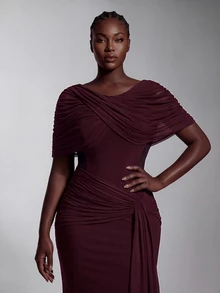 Elitara Elegant Romantic Elastic Knit Mesh Ruched Twisted Drape Design Jacket Sleeve Fishtail Skirt Suitable For Wedding Events, Bachelor Party, Vacation, Dance, Holiday Party, Graduation Season, Evening Gown Dress - Khaki - View 2