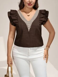 Comfylo Plus Size Summer Casual Lace Patchwork Flutter Sleeve Blouse - Brown - View 3