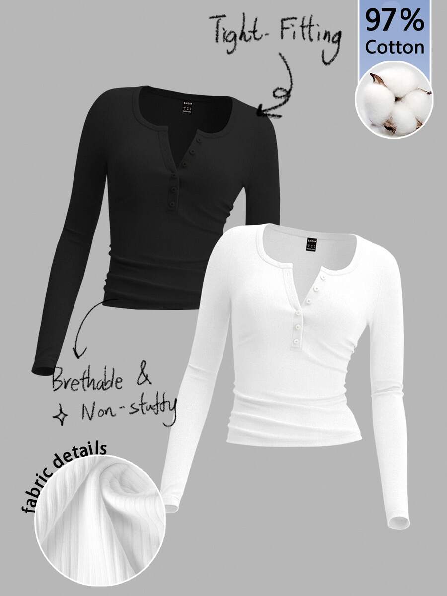 Tseoso 2pcs Henley Collar Button Front Long Sleeve T-Shirt Set (Black & White) - Suitable For Autumn, Winter, Spring, Combining Casual Vintage Classic, Sweet Girl And Minimalist Fresh Styles - Black and White - View 1