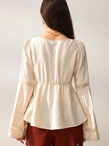 Willow Rêve Women's Cream V-Neck Bell Sleeve Lace Trim BOHO FLOWY TUNIC TOP - Cream - View 2