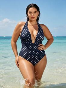 Slaydiva Plus Size Women One-Piece Random Polka Dot Print Casual Swimsuit - Black and White - View 5