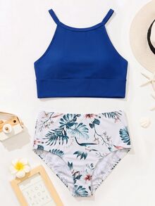 Swim Lushoire 女款沙灘短版背心上衣與熱帶植物印花三角分體式泳褲比基尼泳衣套裝 - 藍色 - 查看 5