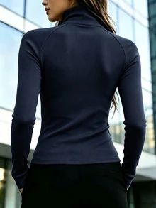 Trelyra 女款純色半拉鍊落肩長袖休閒T恤 - 藍色 - 查看 2