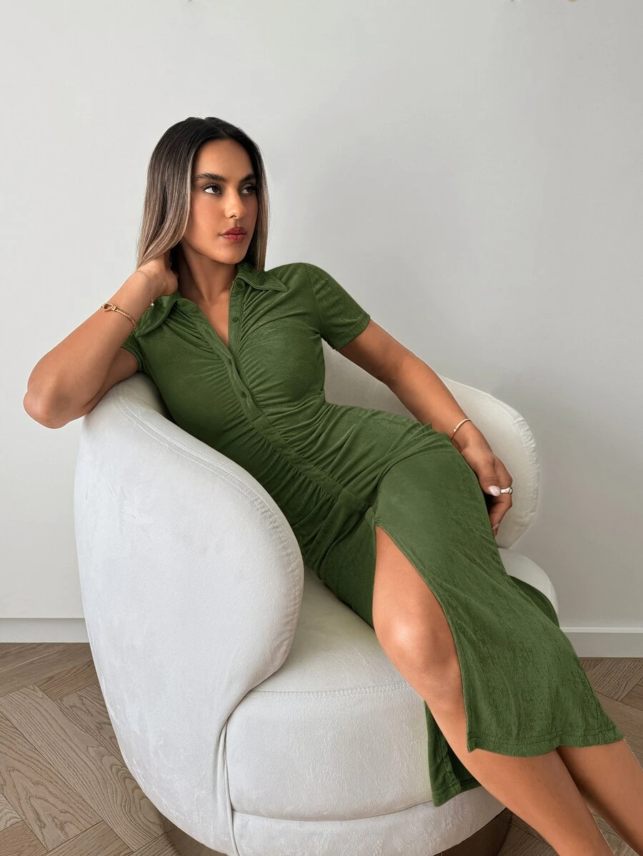 SHEIN Essnce 女款夏季優雅素色修身洋裝 - 軍綠色 - 查看 1