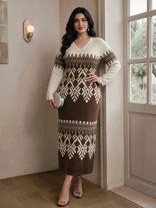 Modelyn فستان محبوك أنيق بألوان متباينة ونقوش هندسية، مقاس كبير، خريف/شتاء - متعدد الألوان - مشاهدة 7