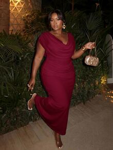 Firerie Plus Size Elegant Party Solid Color Cowl Neck Dress - Red - View 8