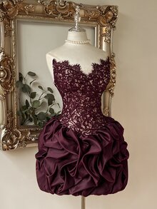 Lovelzi Elegant Romantic Lace Twisted Rope Patchwork Satin Bud-Shaped Design, With Fishbone Eyelash Lace Trim Short Skirt, Suitable For Pre-Wedding Party, Wedding And Graduation Prom. - Burgundy - View 5