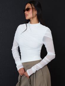 COSMINA Women's Elegant Ruffled Mesh White Top - White - View 5