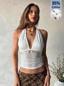Aloruh 女款秋冬深V領修身掛脖吊飾背心 - 白色 - 查看 4